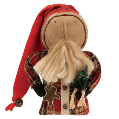 Primitive Christmas Rustic Plaid Jacket Santa Stump Doll 9&quot; w/ Gingerbread - The Primitive Pineapple Collection