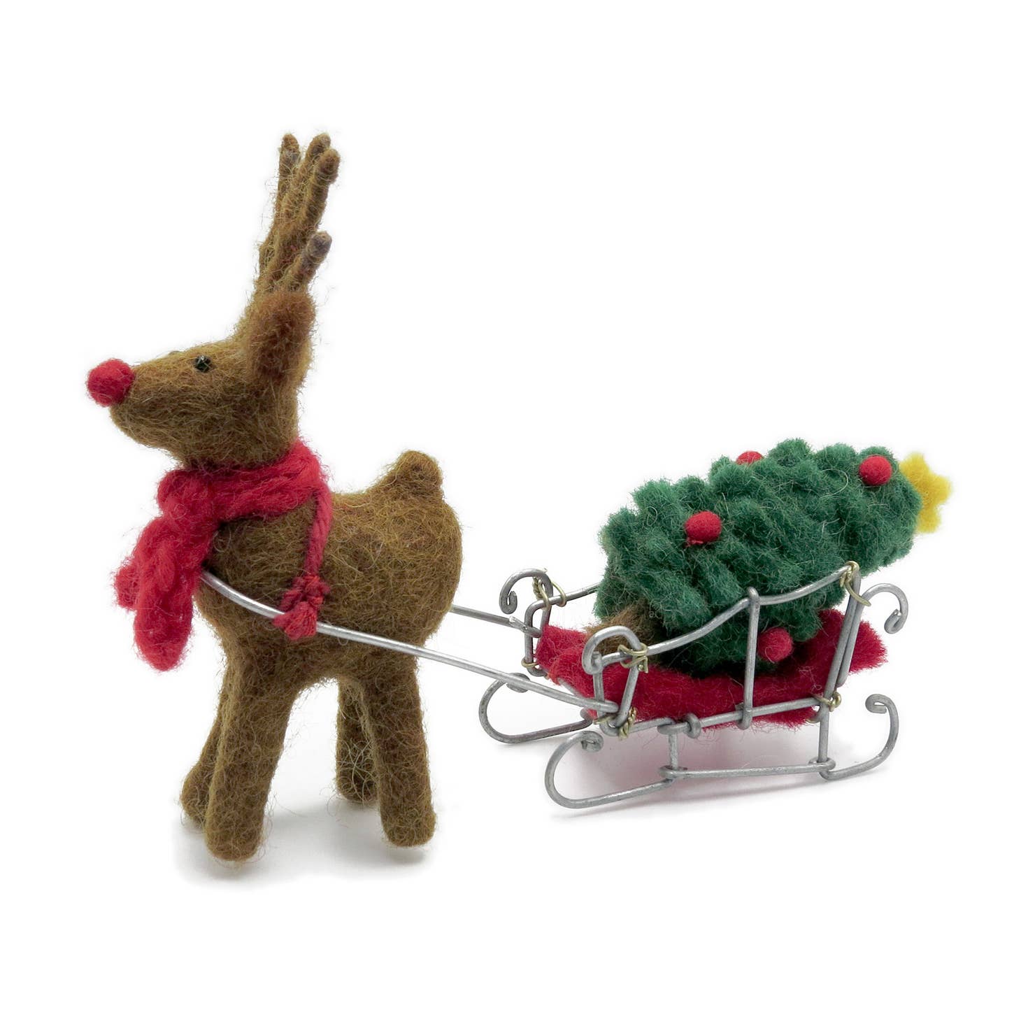 Primitive Folk Art Handmade Felted Wool Christmas Reindeer w/ Sleigh and Tree - The Primitive Pineapple Collection