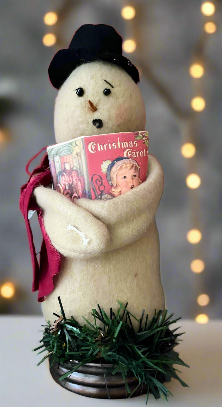 Primitive Handcrafted Christmas 8&quot; Caroling Snowman in Lid w/ Greens Hat and Scarf - The Primitive Pineapple Collection