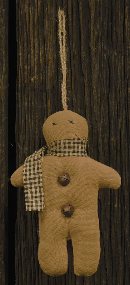 Christmas Primitive 5&quot; Fabric Gingerbread Man with Scarf Ornament Bells - The Primitive Pineapple Collection