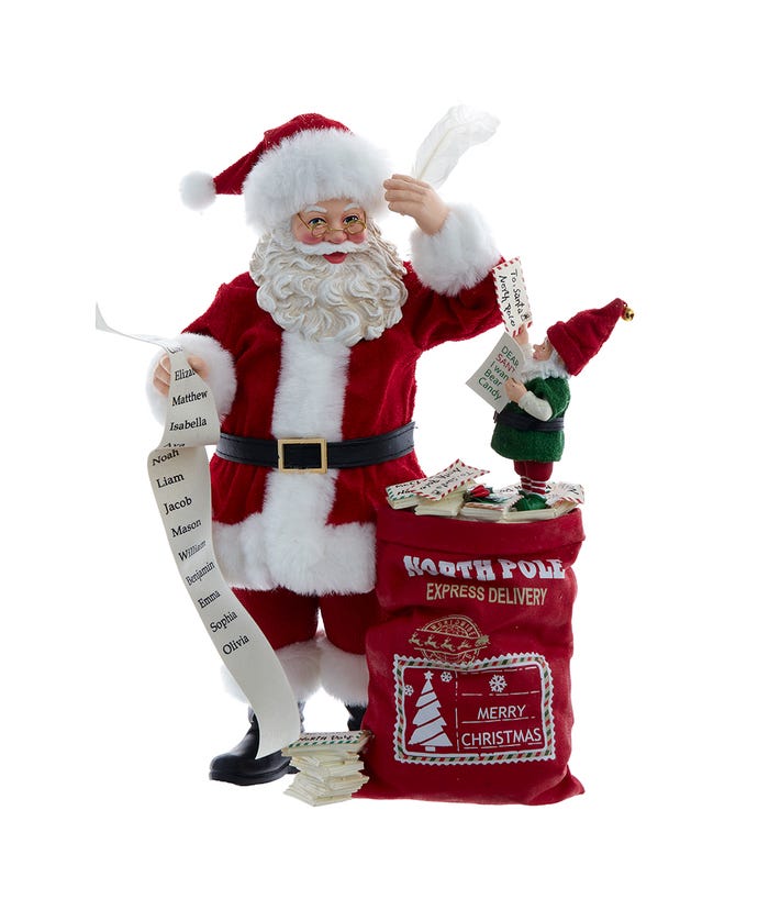 Kurt Adler Christmas 10.5" Fabriché™ Santa with Mail and Elf - The Primitive Pineapple Collection