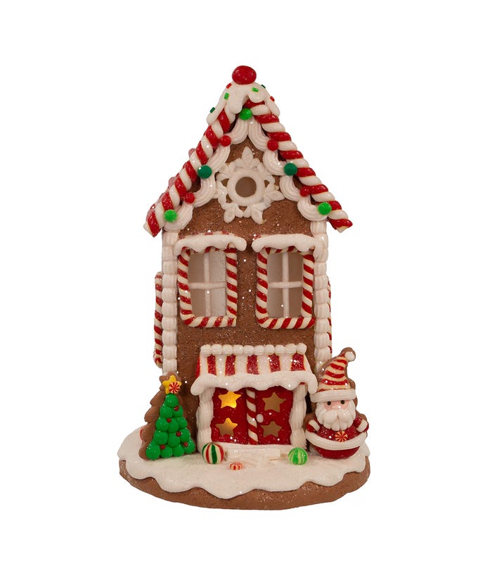 Kurt Adler Christmas 8.5&quot; Battery Light Up Gingerbread House W/Santa - The Primitive Pineapple Collection