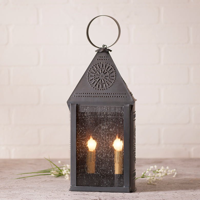 Irvins Country Tinware Hospitality Lantern with Chisel in Kettle Black - The Primitive Pineapple Collection