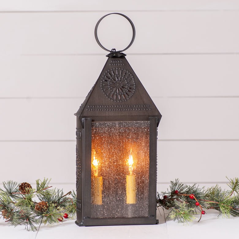 Irvins Country Tinware Hospitality Lantern with Chisel in Kettle Black - The Primitive Pineapple Collection