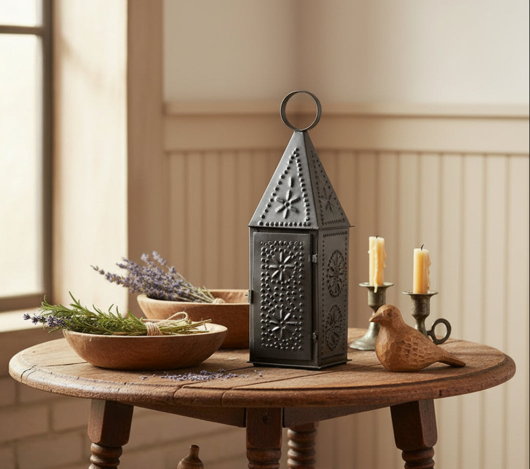 Primitive/ Early American Punched Tin Steeple Lantern Taper Candle - The Primitive Pineapple Collection
