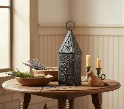 Primitive/ Early American Punched Tin Steeple Lantern Taper Candle - The Primitive Pineapple Collection