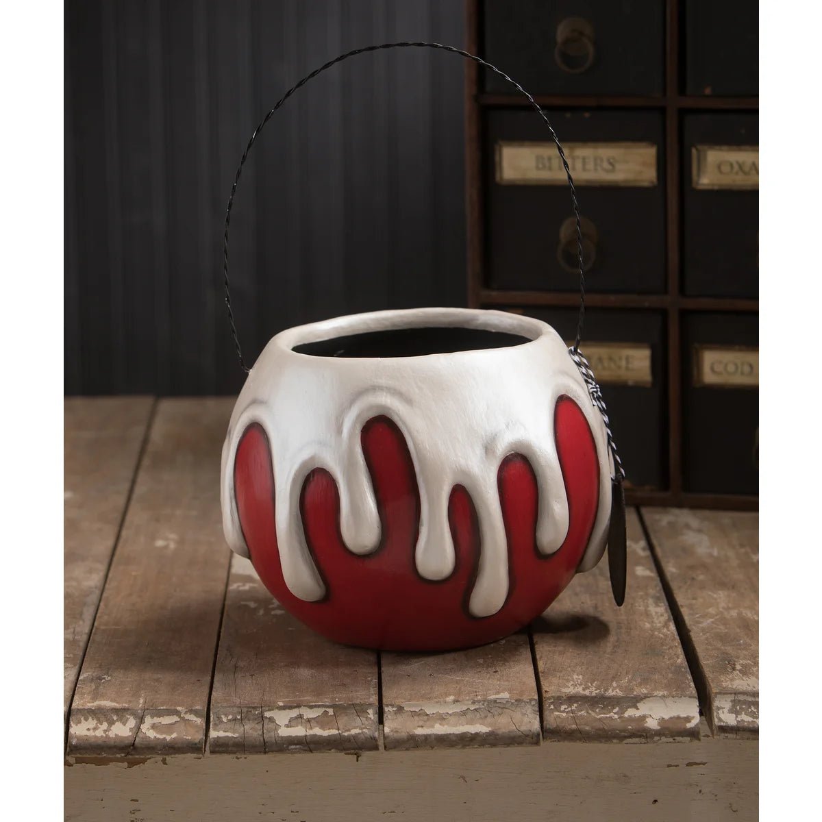 Bethany Lowe Halloween Large 13” LeeAnn Kress Red Apple White Poison Skull Bucket - The Primitive Pineapple Collection