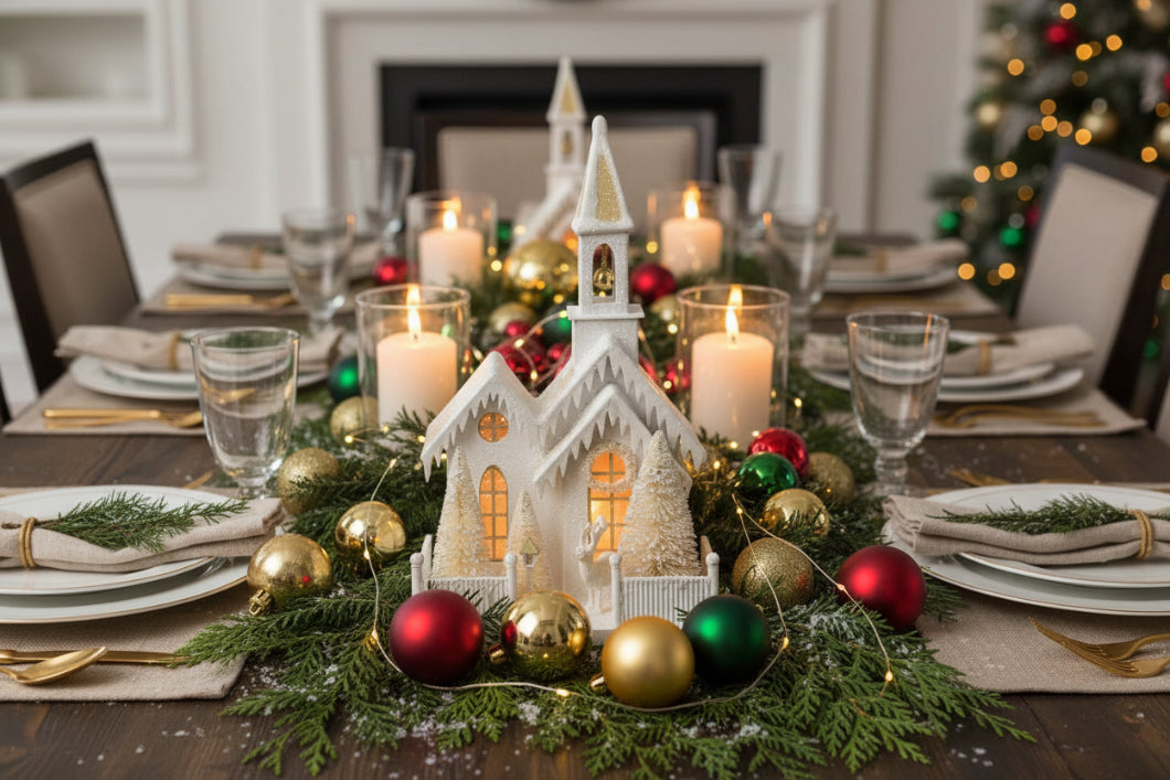 Bethany Lowe 16" Christmas Peaceful Church Bottle w/ Brush Tree LC9581 - The Primitive Pineapple Collection