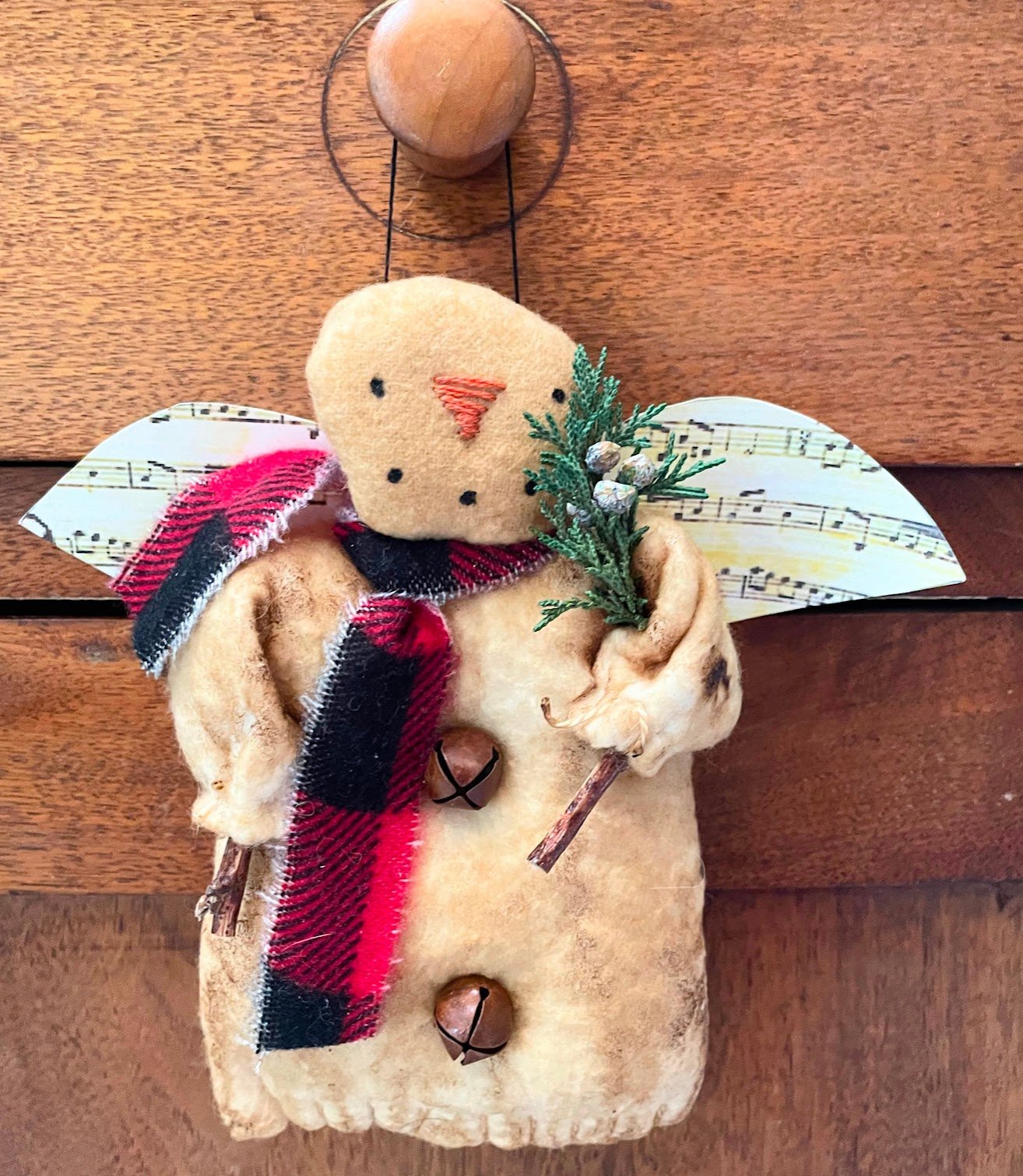 Primitive Handmade Christmas Music Angel Ornament w/ Greens 8&quot; USA - The Primitive Pineapple Collection