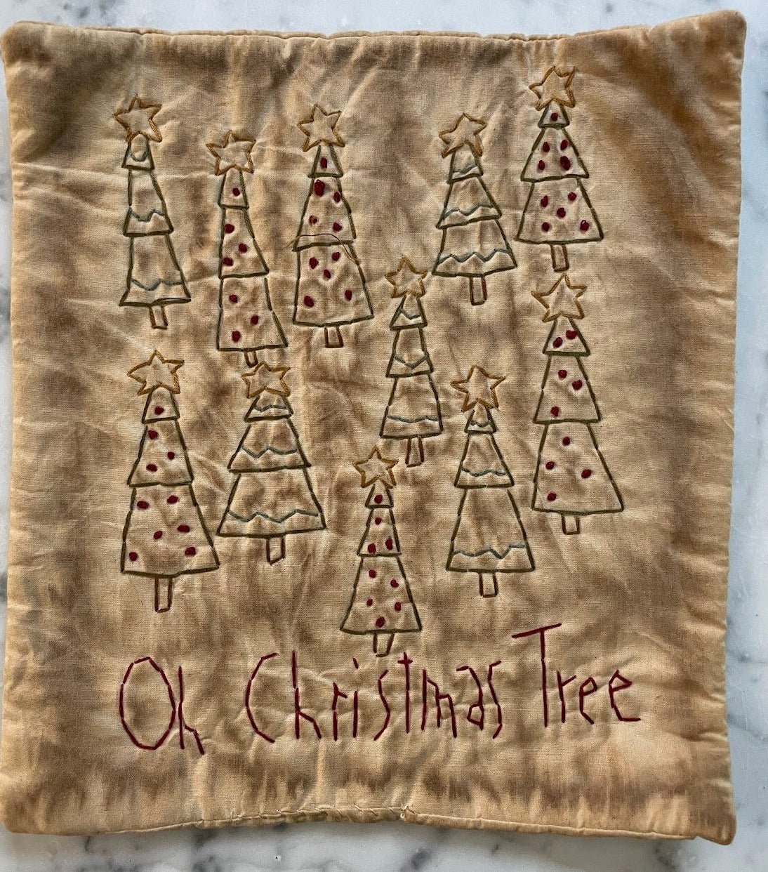 Primitive Handmade Candle Mat Grungy 10&quot;Oh Christmas Tree Stitched Mat - The Primitive Pineapple Collection