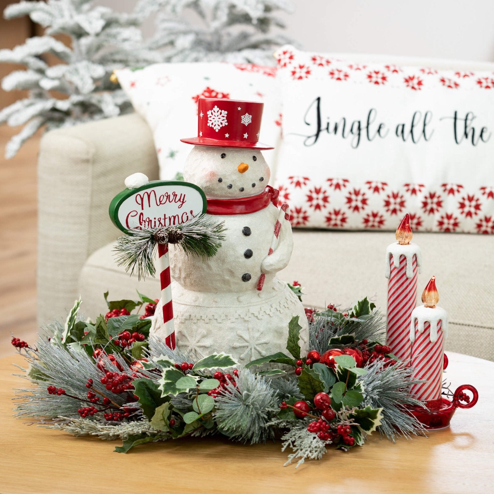 Christmas Jolly Snowman Figurine w/ Candy Cane Sign 18&quot; - The Primitive Pineapple Collection