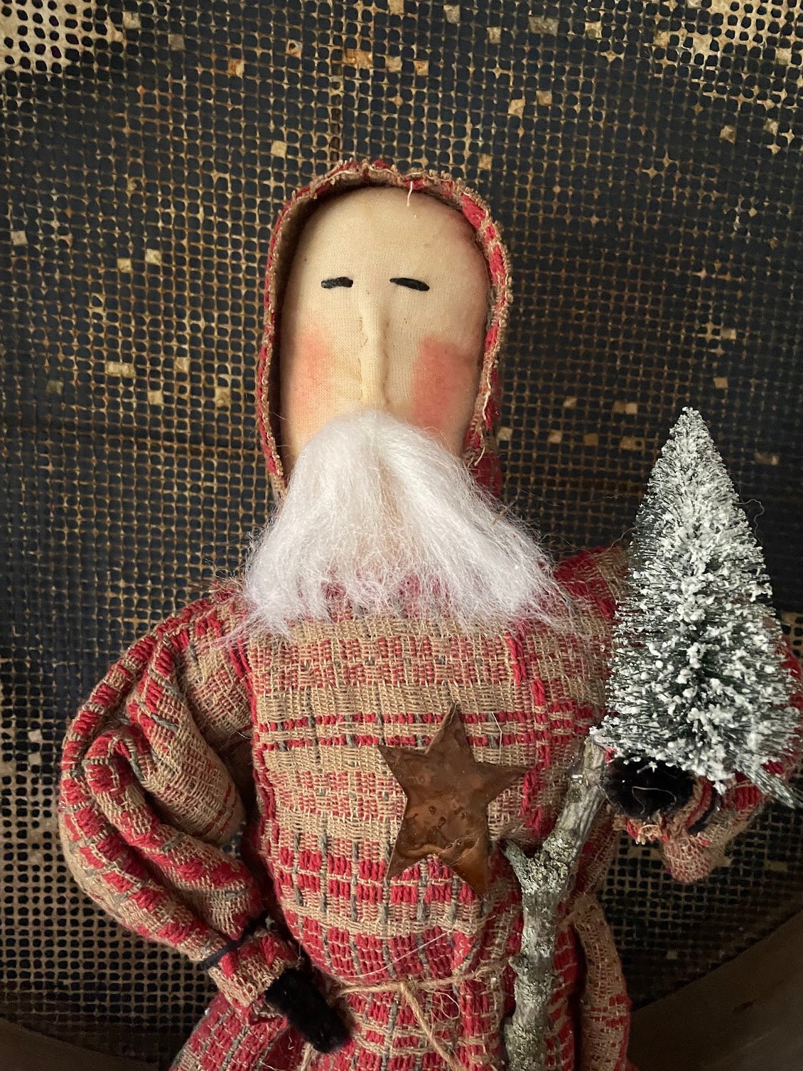 Christmas Handmade Kris Kringle Stump Santa Doll w/ Prim Red Coverlet - The Primitive Pineapple Collection