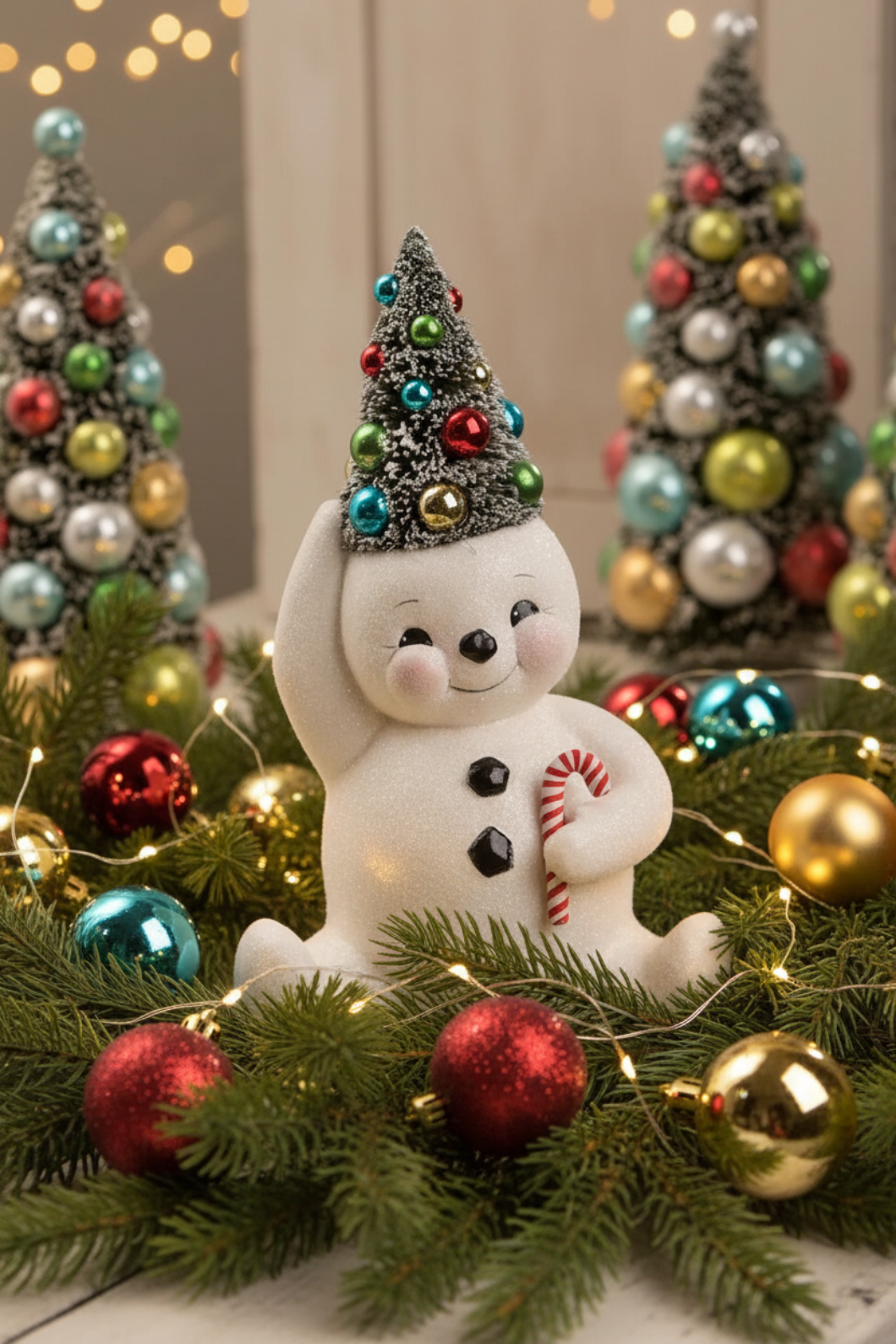 Bethany Lowe Christmas Retro Candy Cane Snowman w/Tree TL1358 - The Primitive Pineapple Collection
