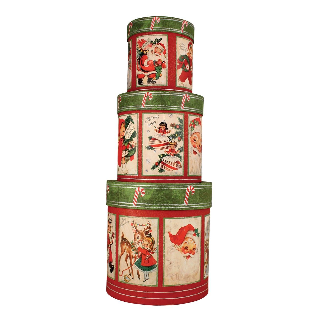 Bethany Lowe Christmas Retro 3pc Holiday Stacking Boxes Santa TP5283 - The Primitive Pineapple Collection