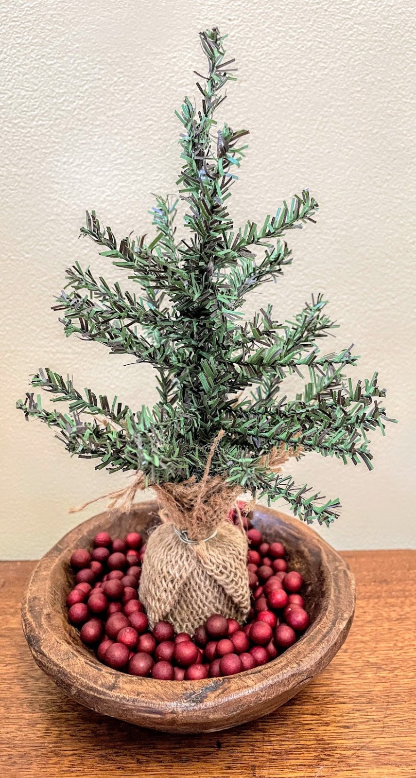 Primitive Christmas Farmhouse Hand Carved Wood Bowl w/ Pine Tree and Berries - The Primitive Pineapple Collection