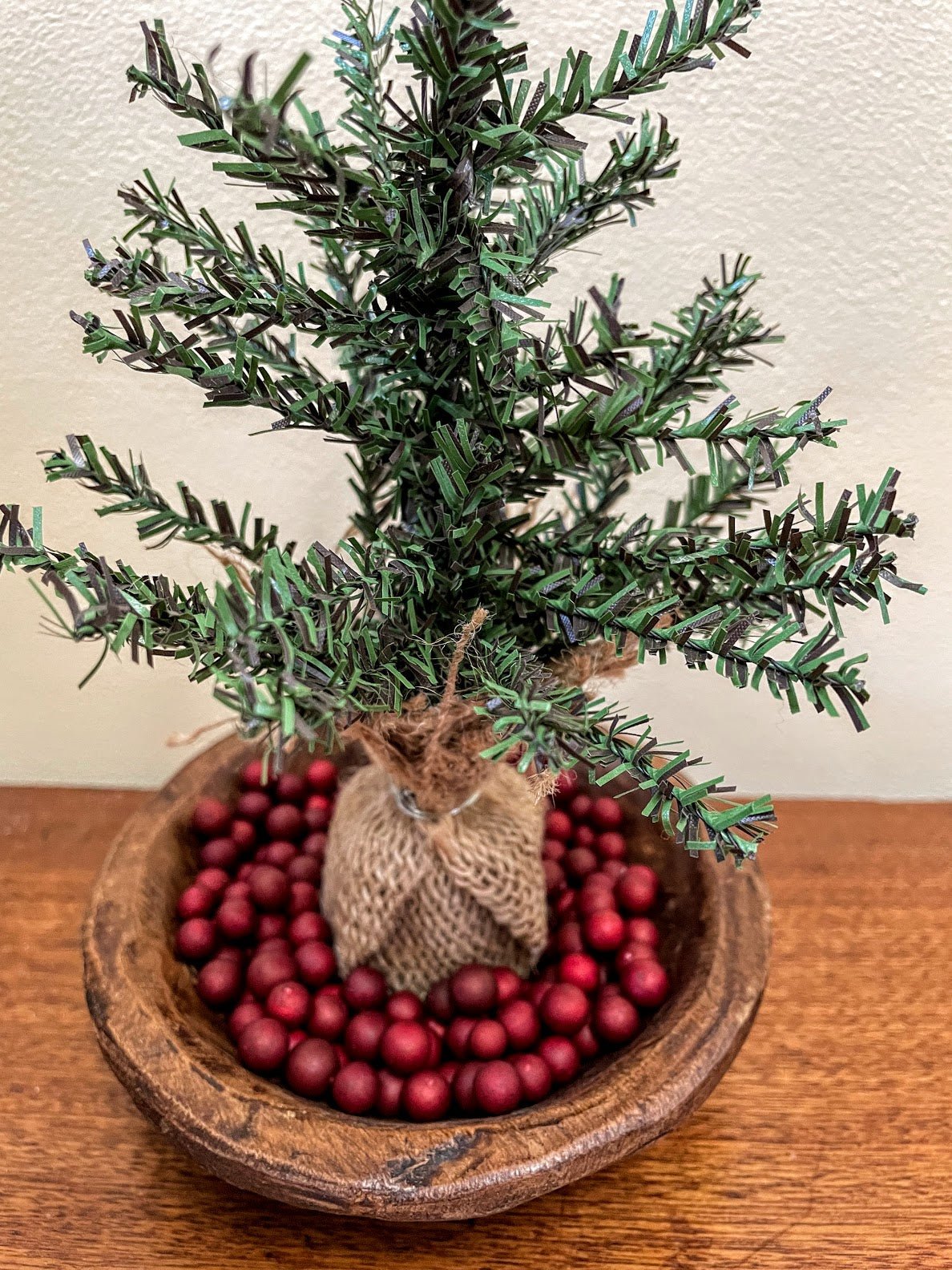 Primitive Christmas Farmhouse Hand Carved Wood Bowl w/ Pine Tree and Berries - The Primitive Pineapple Collection