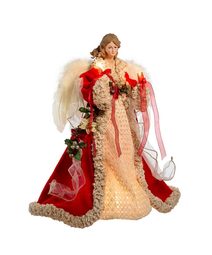 Christmas 16&quot; UL 10-Light Traditional Red and Cream Angel Treetop - The Primitive Pineapple Collection
