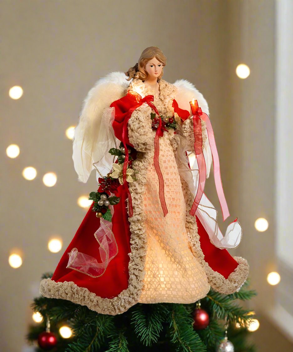 Christmas 16&quot; UL 10-Light Traditional Red and Cream Angel Treetop - The Primitive Pineapple Collection