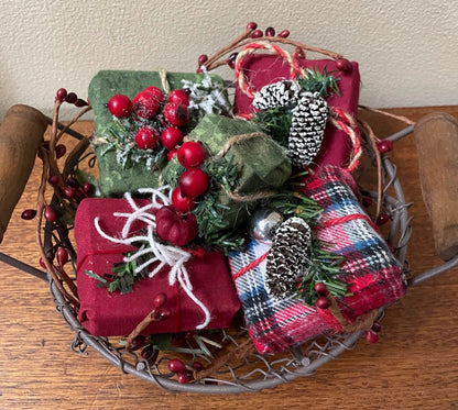 Primitive Colonial Handcrafted Christmas Presents in Basket w/ Berry Ring - The Primitive Pineapple Collection