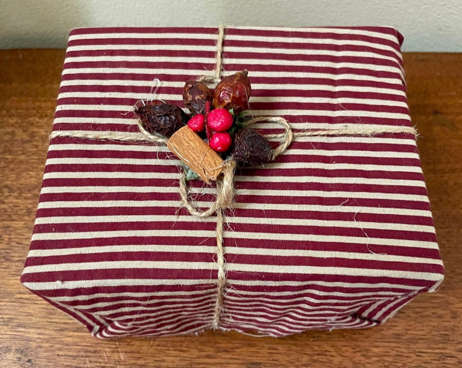 Primitive Colonial Handcrafted Red Striped Fabric Christmas Gift Box Display - The Primitive Pineapple Collection